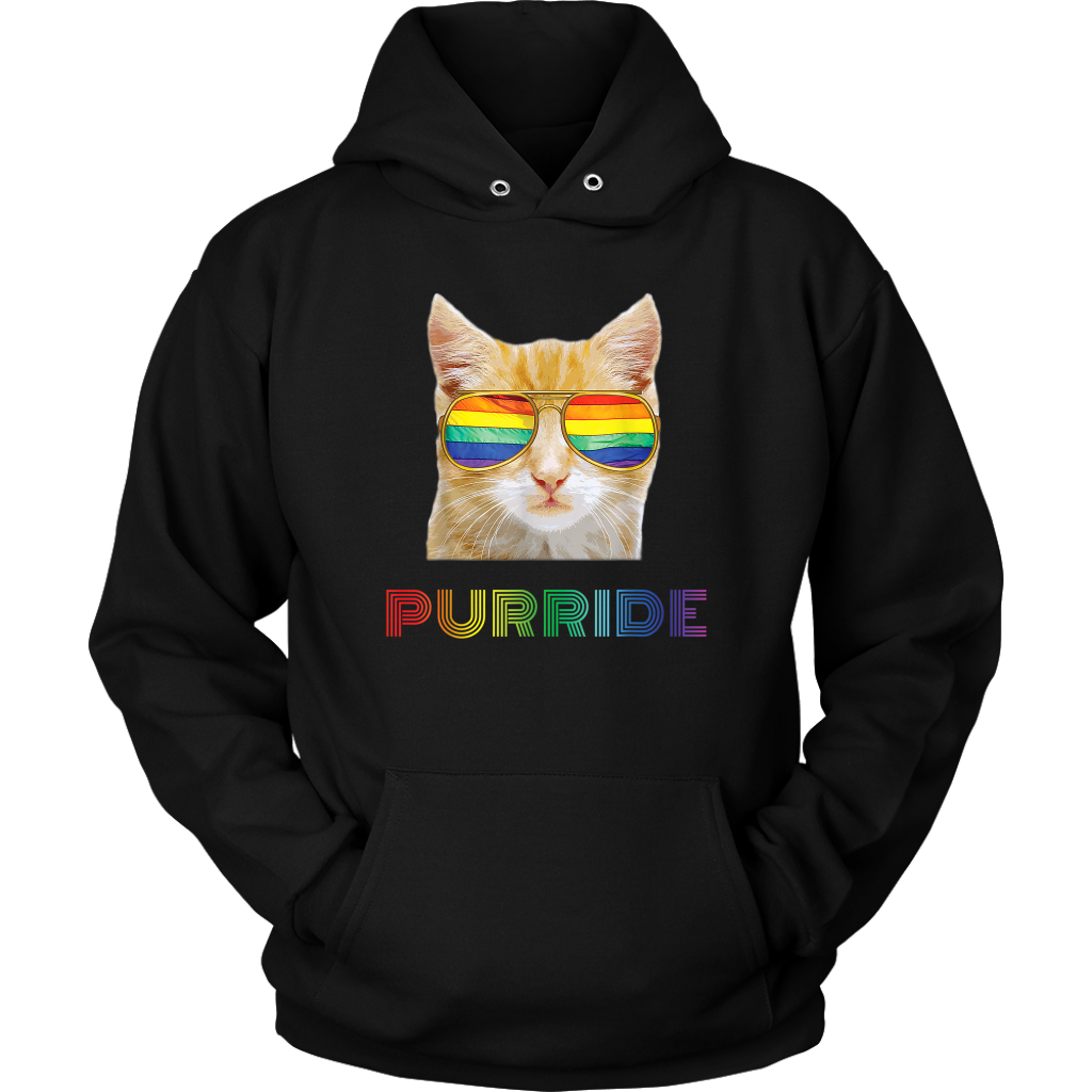 Gay Pride Hoodie Orange Cat with Rainbow Sunglasses and it says PURRIDE