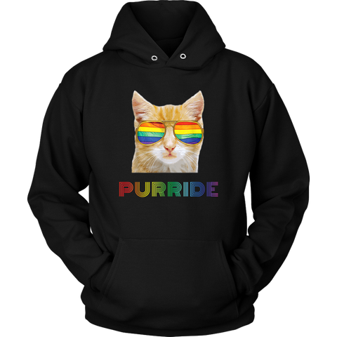 Gay Pride Hoodie Orange Cat with Rainbow Sunglasses and it says PURRIDE