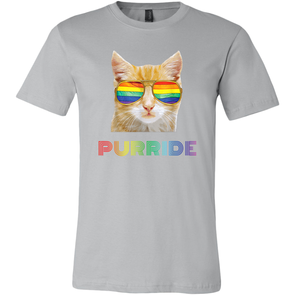 Gay Pride T-shirt LGBTQ Orange Cat with Rainbow Sunglasses and it says PURRIDE