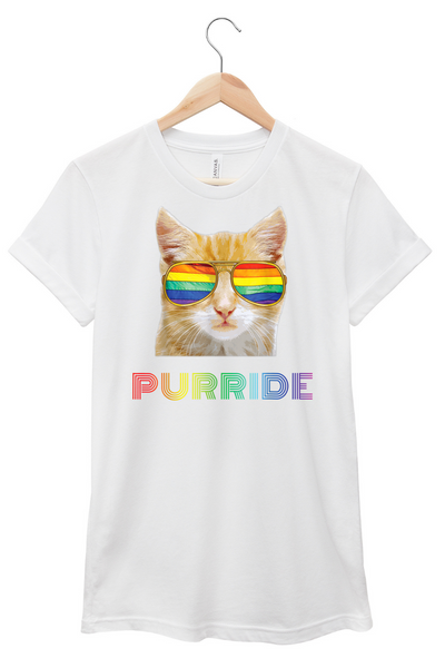Gay Pride T-shirt LGBTQ Orange Cat with Rainbow Sunglasses and it says PURRIDE