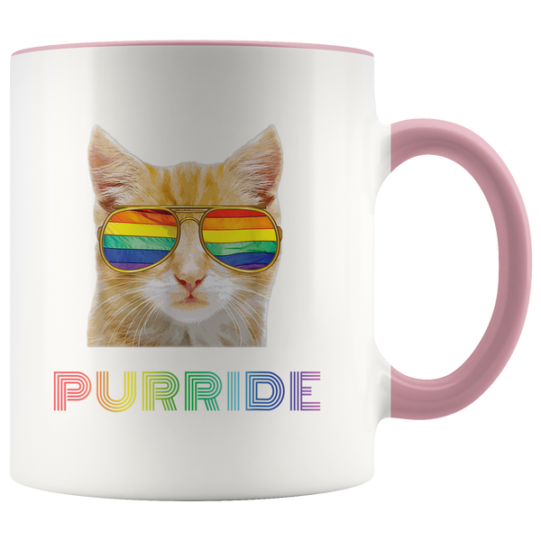 Gay Pride Mug Orange Cat with Rainbow Sunglasses and it says PURRIDE