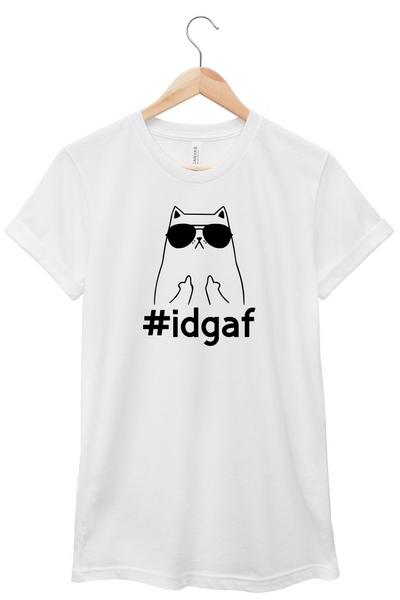 #IDGAF T-shirt with cat wearing sunglasses and giving both middle fingers