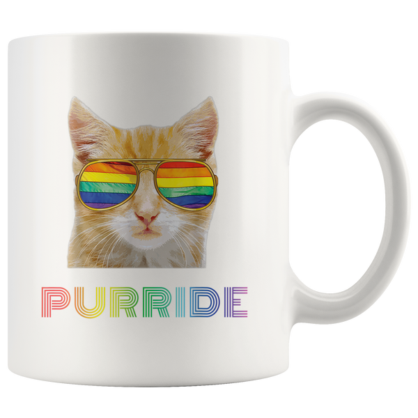 Gay Pride Mug Orange Cat with Rainbow Sunglasses and it says PURRIDE